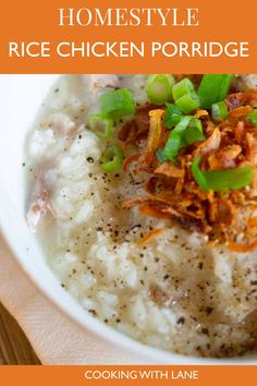 a bowl of oatmeal with meat and green onions