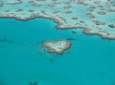 an aerial view of the great barrier reef and heart - shaped corals in the water