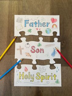 two pieces of paper with the words father and son written on them next to colored pencils