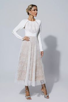 White Lace Trim Dress For Banquet, Long Sleeve Dress With Lace Trim For Gala, Long Sleeve Lace Dress For Evening, Long Sleeve Lace Trim Gala Dress, Lace Trim Dress For Gala In Spring, White Lace Trim Evening Dress, Spring Gala Lace Dress With Lace Trim, Chic Wedding Lace Dress With Contrast Lace, White Lace Sleeve Banquet Dress