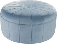 a round blue ottoman with pleated upholstered fabric