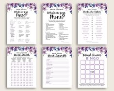 the bridal shower game is shown with purple flowers