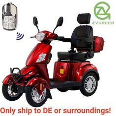 a red scooter with the words only ship to de or surrounding