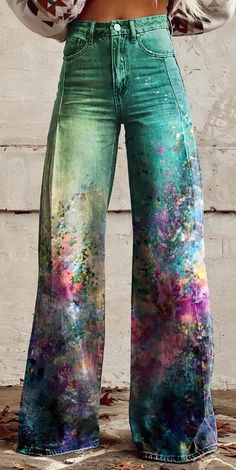 Mid Waist Pants, Casual Wide Leg Pants, Printed Wide Leg Pants, Fall Fits, Pantalon Large, Vintage Botanical, Type Of Pants, Casual Denim, Printed Pants