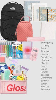 the back to school bag is packed with supplies and items that include pens, notebooks, markers, pencils