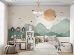 a bedroom decorated in pastel tones with mountains and birds painted on the wall behind it