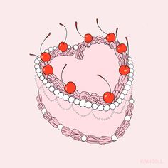 Pink heart shaped cake illustration with detailed line work depicting piped icing and cherries on top of the cake. Piece Of Cake Illustration, Decorative Icing, Pink Heart Cake, Cake Sketch, Cherry Drawing, Birthday Cake Illustration