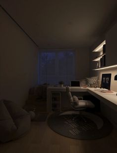 a dimly lit room with a desk and chair