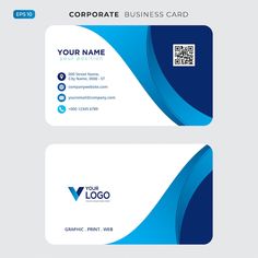 a business card with a blue wave design on the front and back, along with a white background