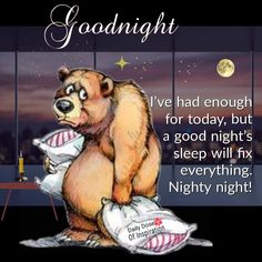 a teddy bear sitting on top of pillows with the caption goodnight i've had enough for today, but a good night's sleep will fix everything