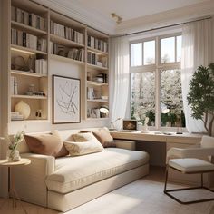 a living room filled with furniture next to a window covered in bookshelves and plants