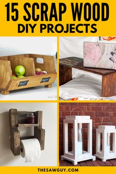 four different wood projects with text overlay that reads 15 scrap wood diy projects