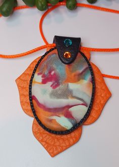 Handmade Orange Clay Jewelry, Hand Painted Polymer Clay Pendant Necklace, Artistic Polymer Clay Pendant Necklace, Artistic Polymer Clay Pendant Necklaces, Multicolor Polymer Clay Necklace For Gifts, Unique Hand Painted Orange Necklace, Hand Painted Orange Necklace For Gifts, Hand Painted Orange Necklace For Gift, Orange Hand Painted Necklace For Gift