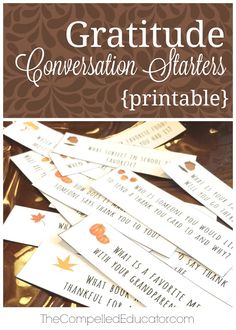 some white and brown paper tags with the words gratitude conversation starter printable on them