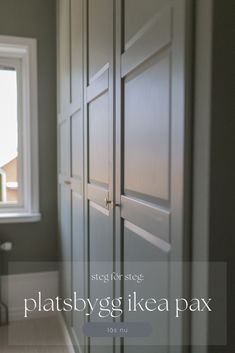 the interior of a bedroom with gray walls and white trim on the closet doors is shown