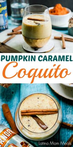 pumpkin caramel coquito in a glass with cinnamon sticks