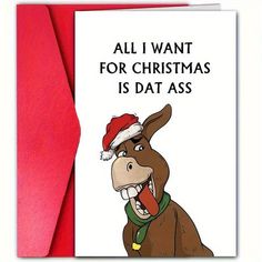 a christmas card with an image of a donkey wearing a santa hat and tongue sticking out