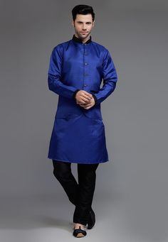 Ready-made Art Silk Kurta in Navy Blue Color with an Art Silk Pant in Black Color. Available with an Art Dupion Silk Nehru Jacket in Navy Blue Color. Crafted in Chinese Collar neck and Half Sleeves, this Ready-made attire is Enhanced with Buttons and Pockets.   Do note: Footwear shown in the image is for presentation purposes only. Half to one inch may vary in measurement. (Slight variation in actual color vs. image is possible) We Sell all kinds of Menswear. Mens Kurta | Mens Kurta & Pant | Tra Indian Jackets, Vs Image, Silk Pant, Mens Kurta, Woven Art, Chinese Collar, Nehru Jacket, Silk Kurta, Nehru Jackets