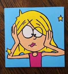 a painting of a blonde haired girl with stars on her eyes and hands behind her head