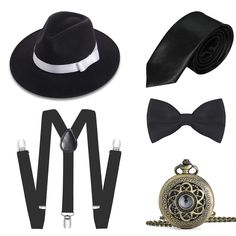 PRICES MAY VARY. Each Set Includes: 1 x Y-Back Elastic Suspender, 1 x Mens Fedora Hat, 1 x Pre-Tied Bowtie or Necktie, 1 x Plastic Stick, 1 x Decorative Retro Pocket Watch (Not actually work). Material: Polyester and cotton fabric, comfortable and breathable, plastic cigar and alloy pocket watch. Size: Narrow brim fedora hat: Circumference-23.6”/ 60cm; Wide brim fedora hat: Circumference: 22.8"-23.6"/58-60cm. Please refer to the images for more details. Plastic cigar: 6”/15cm. Feature: A set of Vintage Suit And Tie Accessories For Black Tie, Mens Gatsby Costume, Gangster Costume, Gangster Costumes, Mens Fedora Hat, 1920s Men, Gatsby Costume, Mens Fedora, Wide Brim Fedora