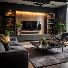 a living room filled with furniture and a flat screen tv mounted on a wall next to a window