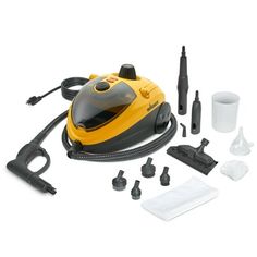 a yellow and black steam iron with accessories