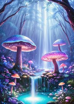 a painting of mushrooms and waterfall in the forest with blue light coming from behind them