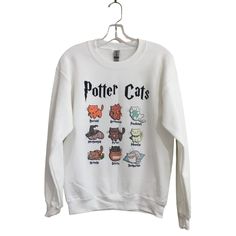 Brand New Without Tags Gildan Potter Cats Graphic Sweatshirt Size Small Harry Potter Sweatshirt Unisex Fit Size Small 50% Cotton 50% Polyester The Image Is Printed Using Sublimation, Which Prints Directly Into The Fabric **Please Note: There Are A Few Spots On The Sweatshirt From Ink Transferring Incorrectly. It's Not Super Noticeable But Please See Pics And Feel Free To Ask Any Questions!** Harry Potter Group Halloween Costumes, Crew Neck Shirt Outfit, Harry Potter Sweaters, White Long Sleeve T-shirt With Cat Design, Winter Cotton Top With Cat Print, White Long Sleeve Top With Cat Design, White Casual Sweatshirt With Cat Design, White Cat Design Top For Winter, White Crew Neck Top With Cat Design