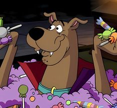 a cartoon dog is in the bathtub with soap and toothbrushes