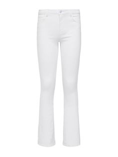 A classic high-rise jean in white premium stretch denim. Contoured waistband fits securely just above the natural waist, while the design hugs from hip to knee before releasing into a slim bootcut hem. High-recovery denim holds its shape, smoothing the figure without sacrificing comfort. Classic five-pocket construction and zip fly closure. White Stretch Flare Jeans, White Flare Fitted Jeans, Chic White Stretch Flare Jeans, Trendy White Stretch Flare Jeans, Trendy Fitted White Flare Jeans, Trendy White Fitted Flare Jeans, Classic White Flare Bottoms, White Stretch High Waist Flare Jeans, White Flare Jeans With Five Pockets