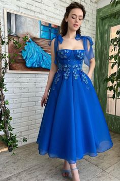 Blue Organza Dress, Prom Dress Floral, Ankle Length Prom Dress, Women Evening Dresses, Dress Ankle Length, Butterfly Applique, Blue Organza, Special Occasion Gowns