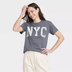 Women's Nyc Short Sleeve Graphic T-shirt - Gray : Target Stay Flexible, Nyc Shirt, Pullover Designs, Casual Wardrobe, Lightweight Fabric, Black Shirt, Casual Looks, Sleeve Styles, Fitness Fashion