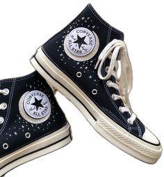 Casual Black Canvas Shoes With Embroidered Logo, High-top Sneakers With Star Patch For Streetwear, High-top Star-embellished Sneakers For Streetwear, Black Embroidered Low-top Sneakers, Black Embroidered Lace-up Sneakers, Embroidered Black Lace-up Sneakers, High-top Star Print Sneakers For Streetwear, Casual Black Sneakers With Star Print, Black Converse Embroidery