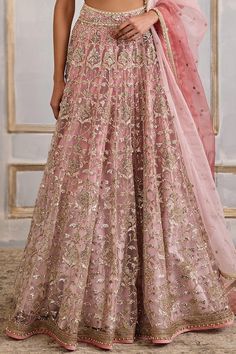 Palace pink attached cancan lehenga with sequin embroidery in floral pattern. Paired with embroidered padded blouse and dupatta. - Aza Fashions Ombre Lehenga, Cancan Lehenga, Lehenga Pattern, Tulle Embroidery, Padded Blouse, Embroidered Lehenga, Sequin Embroidery, Pink Tulle, Sequins Embroidery