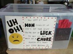 a plastic box with a sign on it that says uh ohh mom luck is there for my boy? see more