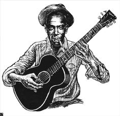 a black and white drawing of a man holding a guitar in his right hand while wearing a hat