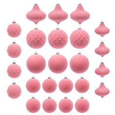 pink christmas ornaments are arranged in rows on a white background