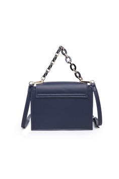 - Crossbody Bag - Smooth Vegan Leather - Navy Blue - Closure: Magnetic Snap - Square Shape - Acrylic Navy Blue Tortoise Handle, Drop: 4" - Detachable Additional Shoulder Strap, 22.25"-24.75" - Gold Hardware - Envelope Shape Front - Inside: Fabric Lines, 2 Card Slots - Dimensions: 7.5" L x 2" W x 6.25" H Blue Flap Bag With Detachable Strap, Blue Rectangular Belt Bag With Removable Pouch, Blue Crossbody Bag With Metal Hardware, Evening Blue Shoulder Bag With Metal Hardware, Blue Evening Shoulder Bag With Metal Hardware, Blue Rectangular Bag With Metal Hardware, Blue Shoulder Bag With Metal Hardware, Blue Evening Bag With Metal Hardware, Blue Rectangular Bags With Metal Hardware