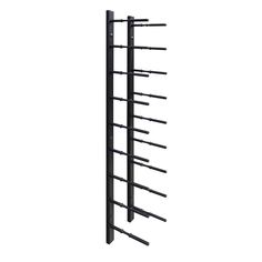 a black metal rack with four shelves on each side and one shelf attached to the wall