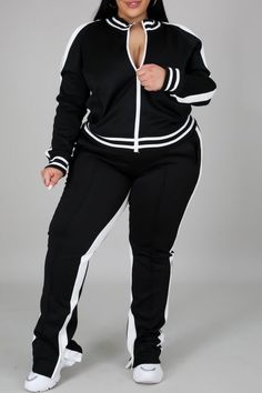 Casual Striped Patchwork Hollowed Out Zipper Collar Plus Size Two Pieces Jogging Suit Outfit, Plus Size Set, Jogger Outfit, Plus Size Sportswear, Track Suits, Joggers Outfit, Plus Size Two Piece, Sportswear Fashion, Jogging Suit