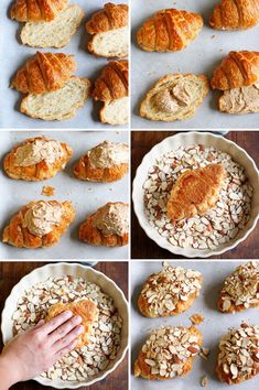 the process of making croissants with almonds on top and in between