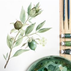 a painting with green leaves on it next to watercolors and paintbrushes