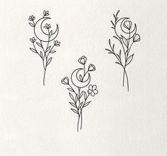 three flowers are drawn in black ink on white paper