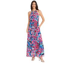 Be resort ready when you slip into this lovely halter dress that features a vivid pattern, a self-tie belt, and a flowy skirt that sways in the tropical breeze. From Maggy London. Multicolor Maxi Length Halter Dress For Vacation, Multicolor Maxi Halter Dress For Vacation, Tropical Halter Neck Dresses For Summer Parties, Tropical Print Halter Neck Dress, Tropical Halter Neck Dress With Tropical Print, Multicolor Sundress Halter Dress For Vacation, Multicolor Halter Sundress For Vacation, Tropical Halter Dress For Spring Vacation, Multicolor Floral Print Maxi Halter Dress