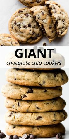 giant chocolate chip cookies stacked on top of each other with text overlay that reads giant chocolate chip cookies