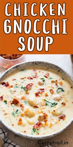 chicken gnocchini soup in a white bowl with the title overlay above it