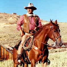 a man riding on the back of a brown horse in a field with tall grass