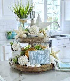 two tiered trays with plants and seashells on them in a kitchen