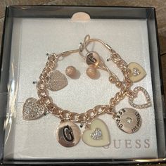 New In Box Guess Bracelet And Earrings Set In Rose Gold. The Bracelet Is Adjustable Questions? Leave A Comment Below! Rose Gold Metal Jewelry Set For Gift, Rose Gold Heart Charm Jewelry For Party, Party Rose Gold Jewelry With Heart Charm, Party Rose Gold Heart Charm Jewelry, Pink Gold Metal Jewelry As A Gift, Pink Gold Metal Jewelry For Gifts, Pink Gold Jewelry Gift, Valentine's Day Rose Gold Metal Jewelry, Rose Gold Charm Bracelet For Valentine's Day Party