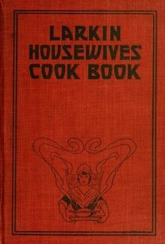 an old red book with black lettering on the front and back cover, which reads larkn housewives cookbook